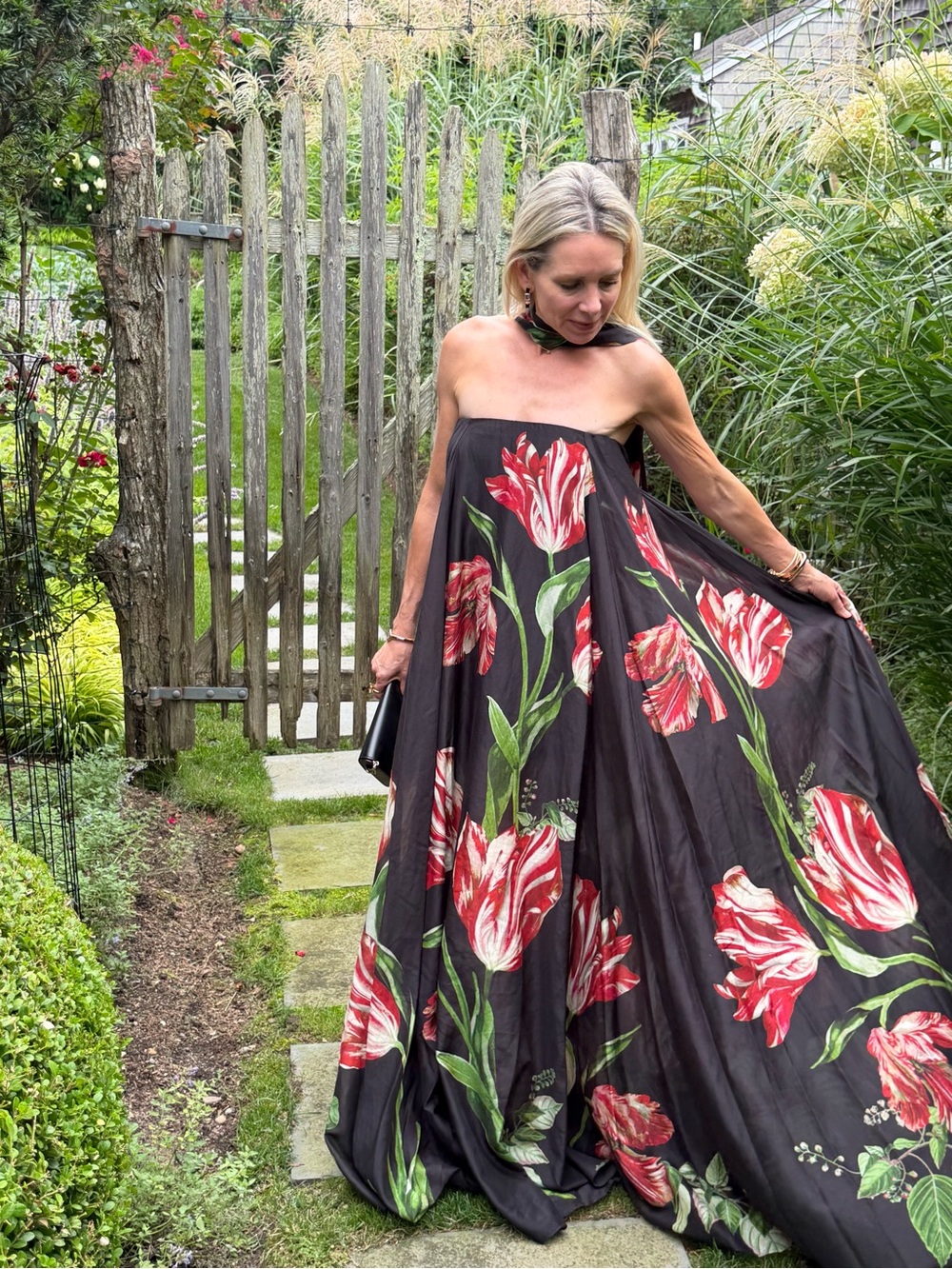 Alice + Olivia Strapless Black Maxi Dress with Red Floral Tulips